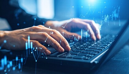 Hands typing on a laptop keyboard with data visualization overlay