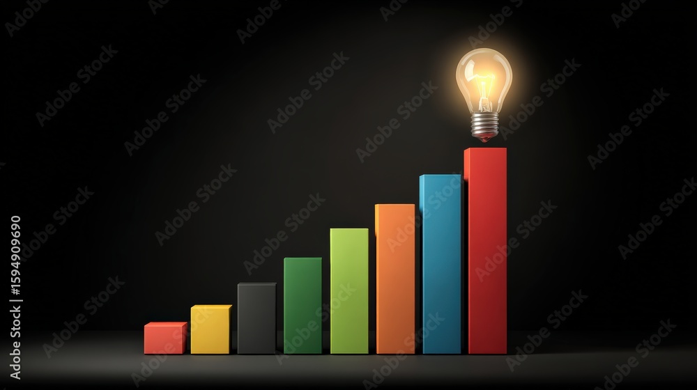 Poster a colorful bar graph ascending from left to right with a glowing light bulb above the tallest red ba