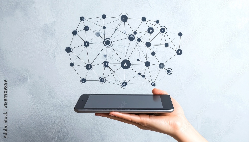 Poster hand holding smartphone with digital network connection concepts displ