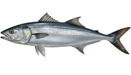 Fototapeta premium Realistic 3D illustration of king mackerel fish, detailed with silver scales, fins. Realistic representation of marine animal isolated on clean white background, perfect for food, fishing themes.