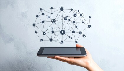 Hand holding smartphone with digital network connection concepts displ