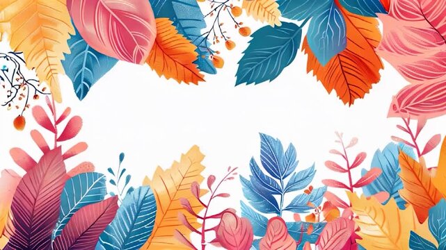 A colorful frame of autumn leaves in vibrant red, orange, yellow, and blue surrounds a blank white center