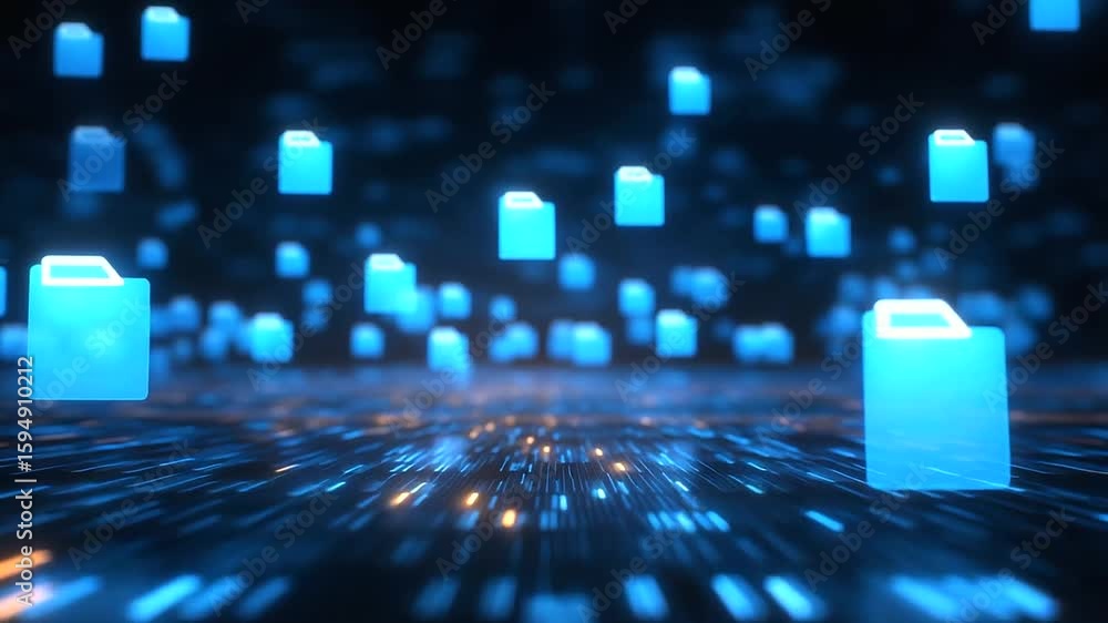 Poster a dynamic digital grid showcasing floating blue file folders symbolizing modern data storage solutio