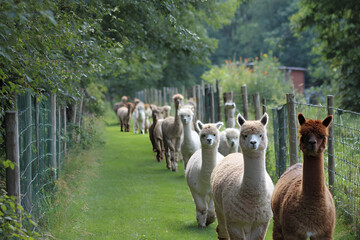 Obraz premium Summer scene featuring alpacas and lush green fencing