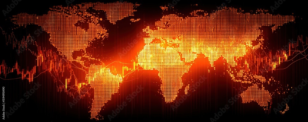 Poster digital glowing world map with financial stock market graphs and data visualizations in warm orange 