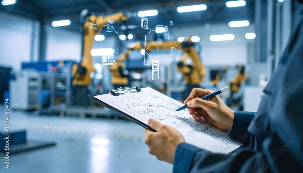 Poster engineer reviewing schematics with robotic arms in modern factory