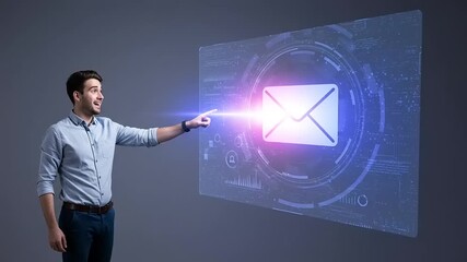 Man pointing at illuminated envelope icon hovering on digital screen futuristic technology communication messaging sending receiving mail - Powered by Adobe