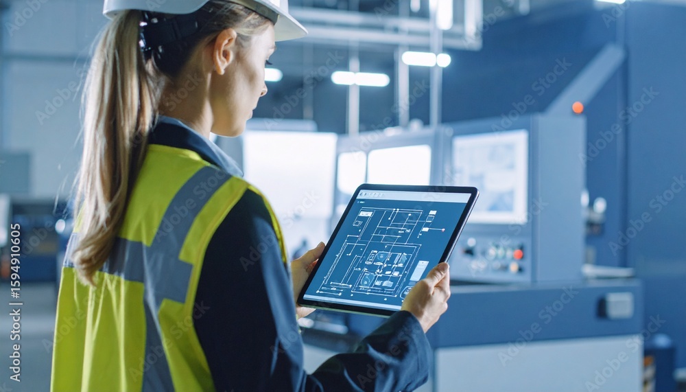 Poster engineer reviewing technical blueprint on tablet in the factory settin