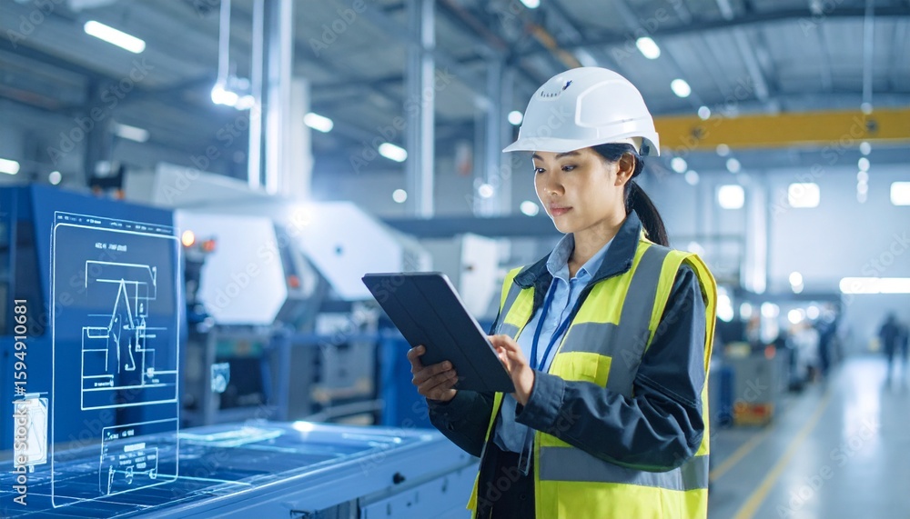 Aufkleber engineer in industrial setting using tablet for advanced technology