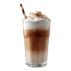 A refreshing iced coffee with whipped cream and a striped straw, perfect for a summer day isolated on transparent background