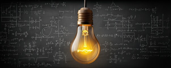 A glowing light bulb illuminates complex scientific formulas and equations written on a chalkboard in the background.