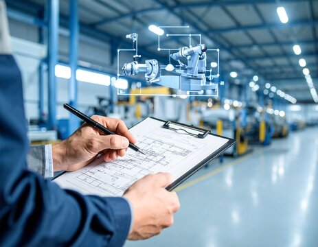 Engineer reviewing technical drawings in modern industrial setting