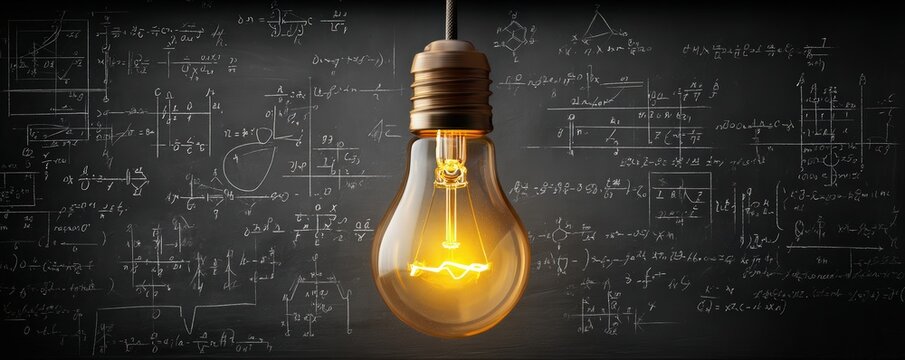 A glowing light bulb illuminates complex scientific formulas and equations written on a chalkboard in the background. - Powered by Adobe