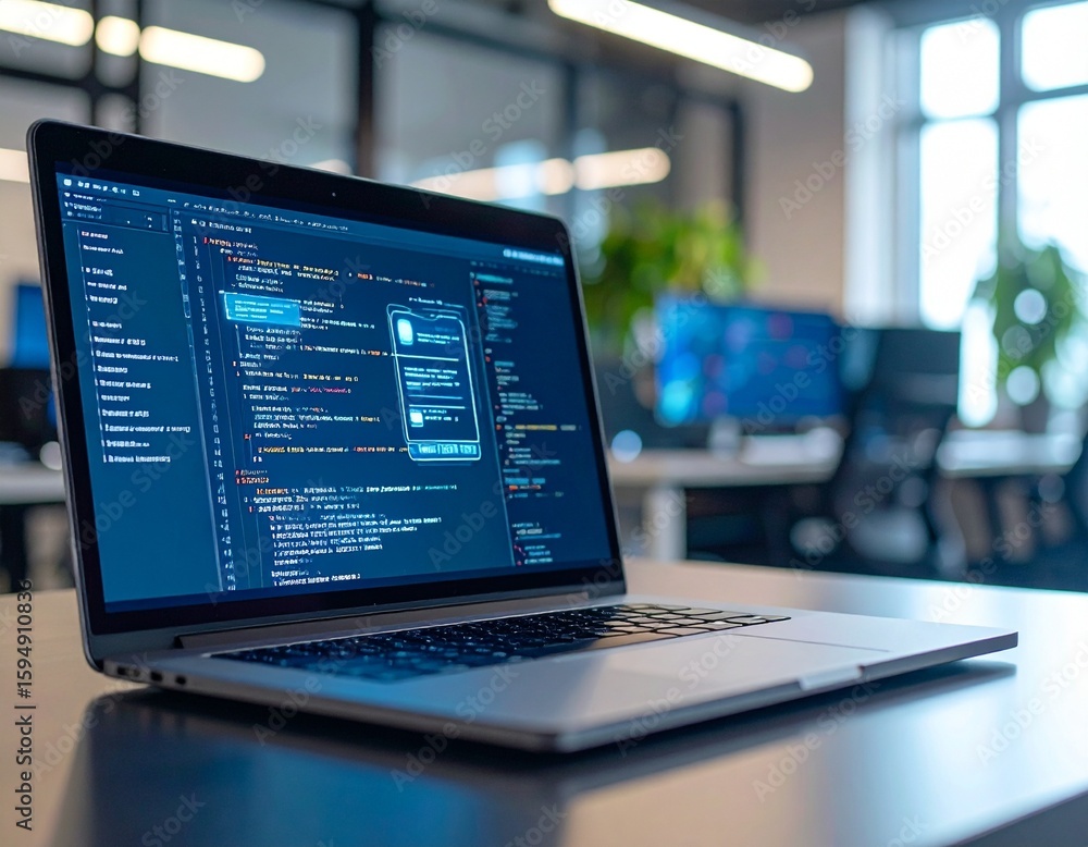 Poster close-up of laptop screen displaying code in modern office workspace