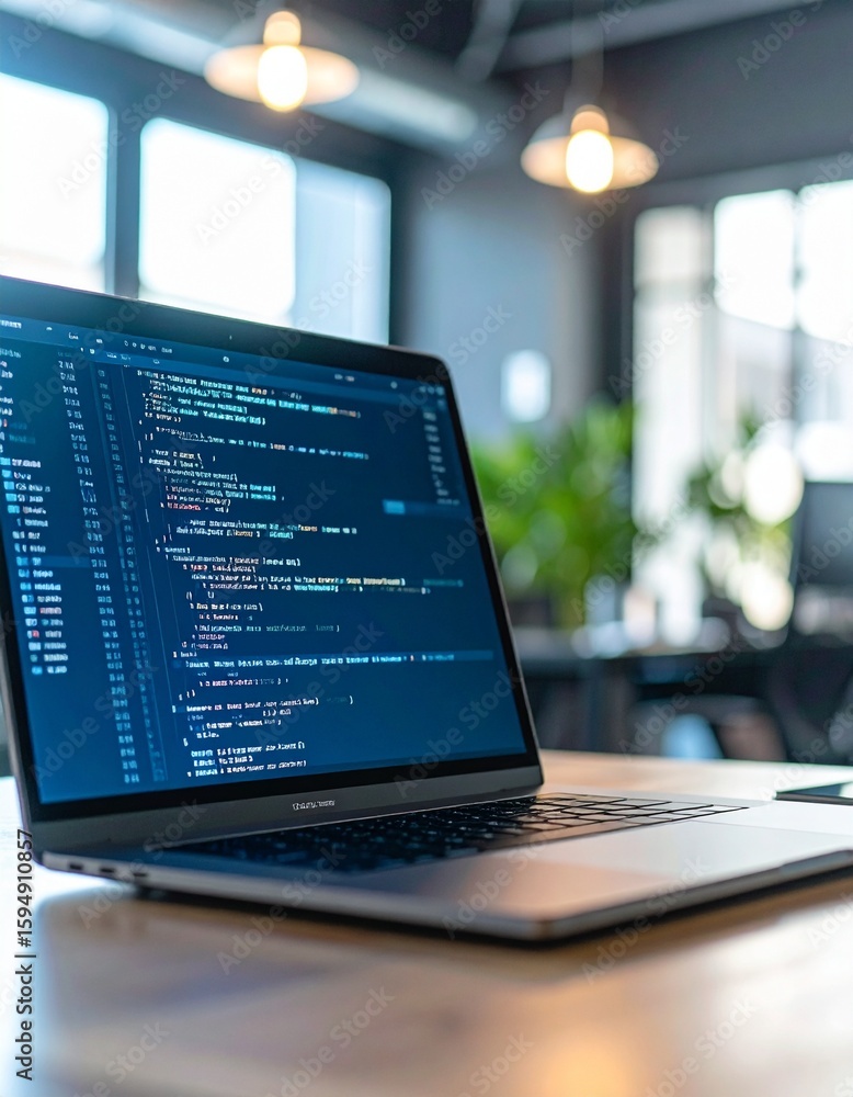 Poster modern laptop on desk with code displayed on the screen in office