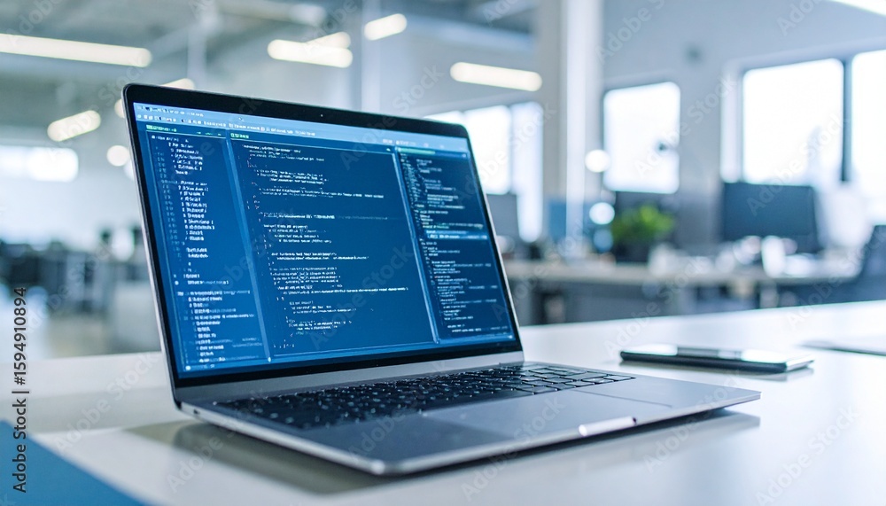 Poster modern laptop displaying code in a bright office environment for work