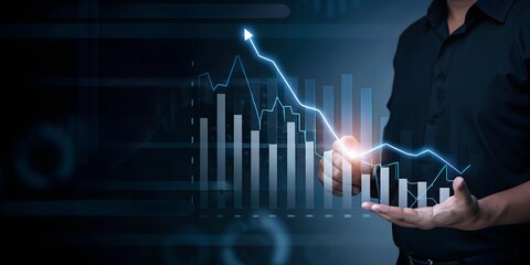 A man holds a glowing graph showing upward and downward trends, representing financial performance