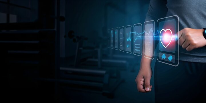 Person interacting with a health app displaying a heartbeat and fitness data on a digital interface