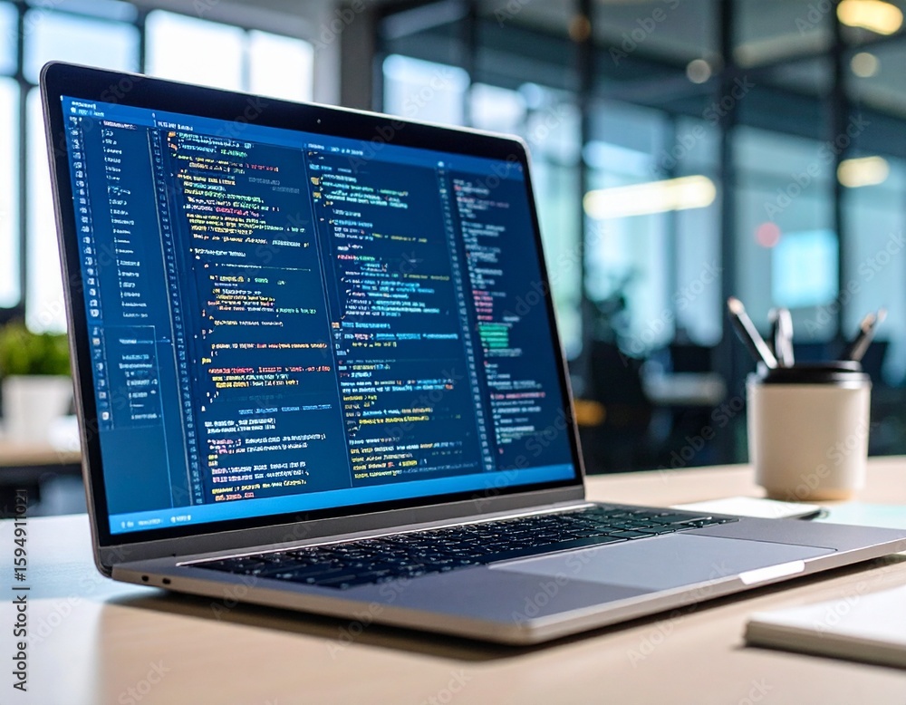 Poster modern laptop displaying colorful code in a bright office setting