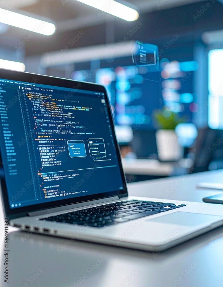 Poster modern laptop displaying code in a stylish office environment
