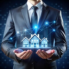 Man in a suit holding digital houses and a growth chart, representing real estate investment and market trends