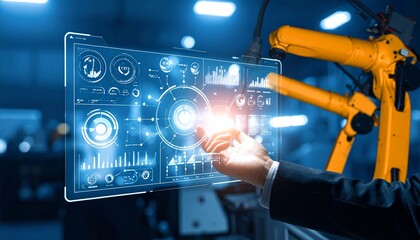 Hand interacting with futuristic robotic interface in industry setting