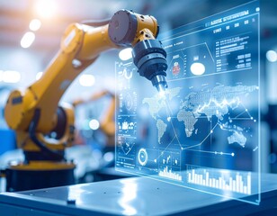 Industrial robot arm with interactive data display in factory setting