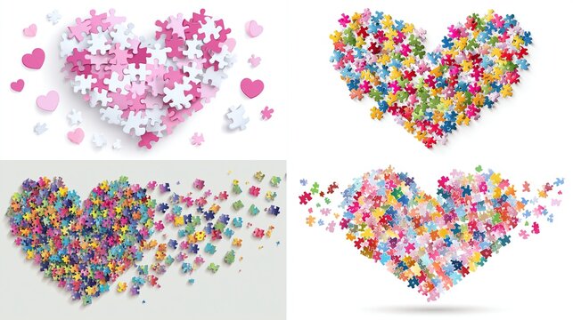 Four heart-shaped puzzle piece arrangements, two with pink/white pieces, two with multicolored pieces; one multicolored heart is dissolving