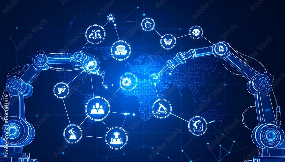 Poster high-tech robotic arms interconnected with digital network icons