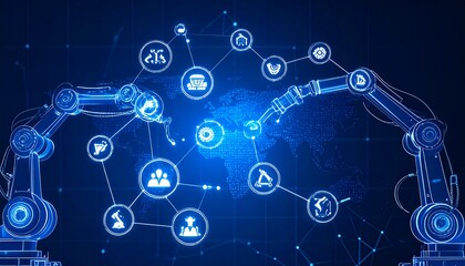 Obraz premium High-tech robotic arms interconnected with digital network icons