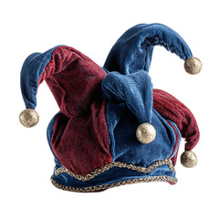 A vibrant jester hat with blue and red velvet, adorned with golden bells, isolated on transparent background