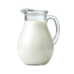 A clear glass pitcher filled with fresh, creamy milk stands ready to pour, isolated on transparent background, offering a refreshing drink