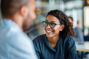 Smiling Woman with Glasses in Conversation
