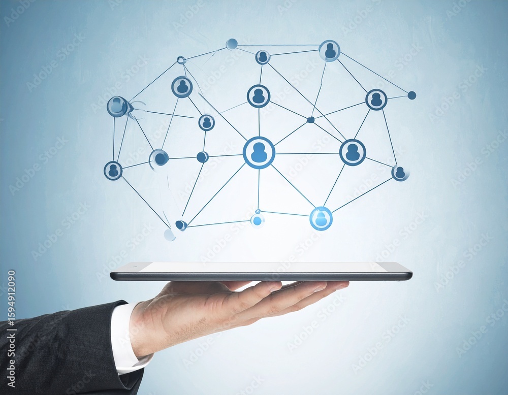 Poster hand holding tablet displaying interconnected technology network graph