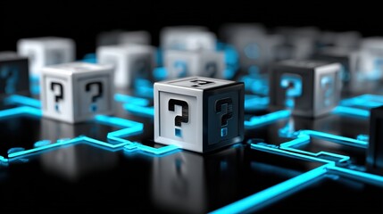 Cubes with question marks connected by glowing blue circuit lines on a dark surface, symbolizing digital uncertainty and technology-driven queries.