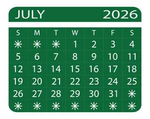 Sunny July 2026 Calendar. Modern Minimal Design.