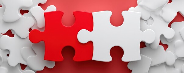 Two interlocking jigsaw puzzle pieces, one red and one white, symbolizing connection and unity.