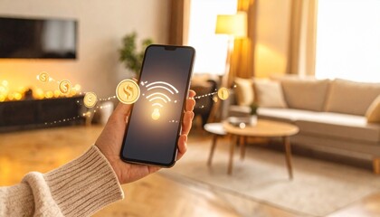 Hand holding smartphone with digital payment interface indoors at home