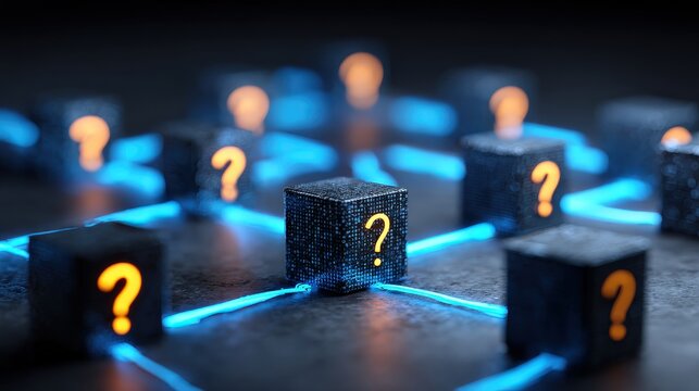 A digital network of glowing cubes connected by blue lines, each with an illuminated question mark symbol, representing data, uncertainty, and information flow.