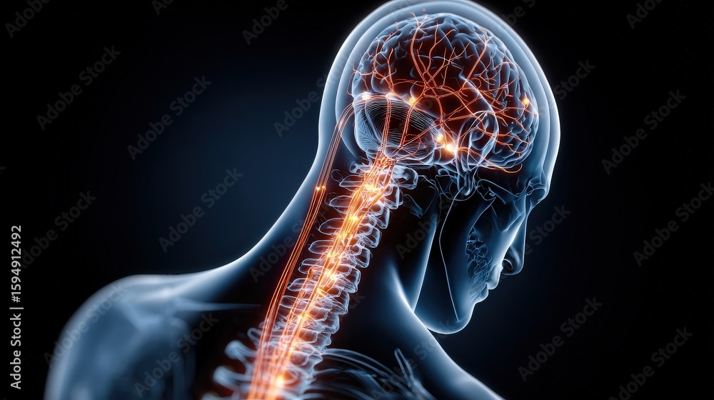 Poster transparent human upper body showing illuminated brain and spinal cord nerves in a digital style on 