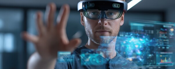 A man wearing augmented reality glasses interacts with a holographic digital interface displaying data and charts.