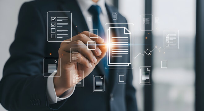 Businessman in suit digitally annotating documents with a pen, highlighting workflow and data management.