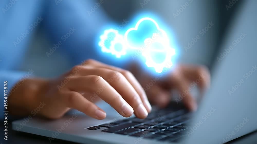 Poster close-up of hands typing on a laptop keyboard with digital cloud and gear icons symbolizing cloud co