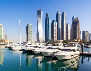 Fototapeta premium Luxury yachts docked in a modern marina with a backdrop of towering skyscrapers