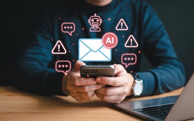 Digital illustration of AI email notification icons above hands holding a smartphone, featuring a central light blue envelope with ""AI"" and glowing red warning symbols on dark background