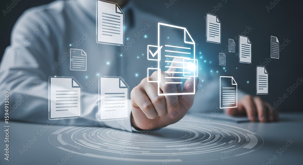 Poster person digitally managing and interacting with floating documents, showcasing modern document manage