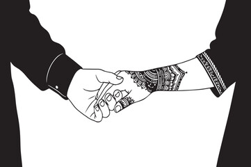 Couple holding hands with henna tattoo in line art style