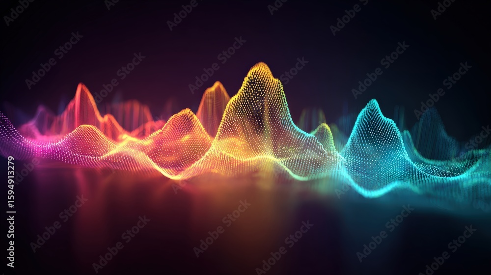 Poster colorful 3d digital waveforms with glowing dots create an abstract, flowing landscape against a dark