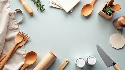 Kitchen utensils and accessories arranged on light background with apron, wooden spoons, chef knife, napkins, and herbs