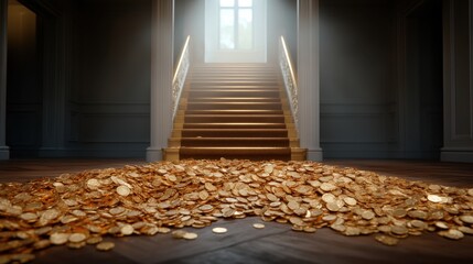 Opulent staircase with illuminated gold coins pile in luxurious mansion interior